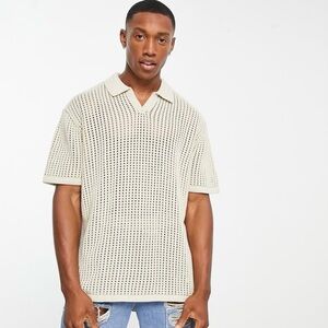 Bershka Men's Green Open-Knit Polo Shirt